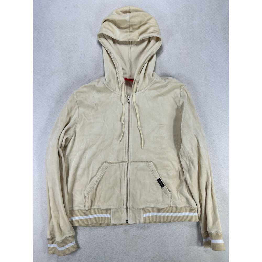 Anne Klein Women Cream Beige Velour Full Zip Hoodie Jacket M Striped Trim Medium